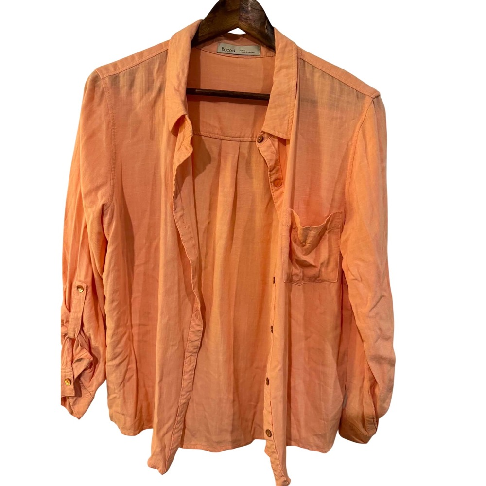 Becool Button Down Shirt Womens Large Peach‎ Excellent Roll Tab Sleeve Blouse